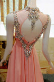 Pink High Low Backless Beading Long Chiffon Prom Dresses HZ0509