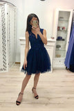 Blue A Line V Neck Prom Dresses, Tulle Short Homecoming Dress HZ0509