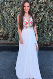 Red White Chiffon Long Floral Prom Dress with Side Slit HZ0509