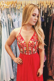 Red White Chiffon Long Floral Prom Dress with Side Slit HZ0509