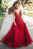 Tulle A Line V Neck Spaghetti Straps Appliques Long Prom Dress HZ0509