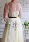A-line Long Sleeves Tulle Long Prom Dress With Embroidery HZ0509