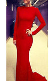 Red Simple Open Back Long Sleeves Cheap Prom Dresses HZ0509