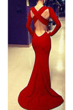 Red Simple Open Back Long Sleeves Cheap Prom Dresses HZ0509