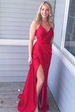 Red V-Neck Spaghetti Straps Slit Side Formal Prom Dresses HZ0509