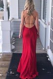 Red V-Neck Spaghetti Straps Slit Side Formal Prom Dresses HZ0509