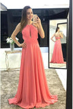 Scoop A-Line Long Watermelon Chiffon Long Sleeveless Prom Dresses HZ0509