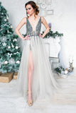 Sparkly Sequins Grey Long V Neck Tulle Prom Dress with Slit HZ0509