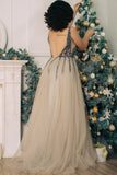 Sparkly Sequins Grey Long V Neck Tulle Prom Dress with Slit HZ0509