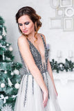 Sparkly Sequins Grey Long V Neck Tulle Prom Dress with Slit HZ0509