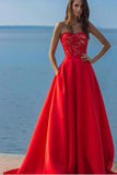 Red A Line Long Satin Lace Top Prom Dresses With Pockets HZ0509