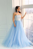 Strapless Sky Blue Long Tulle A Line Prom Dress with White Lace HZ0509