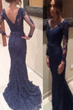 Sleeves V-neck Navy Blue Lace Open Back Mermaid Prom Dresses HZ0509