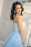 Strapless Sky Blue Long Tulle A Line Prom Dress with White Lace HZ0509