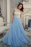 Strapless Sky Blue Long Tulle A Line Prom Dress with White Lace HZ0509