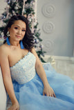 Strapless Sky Blue Long Tulle A Line Prom Dress with White Lace HZ0509