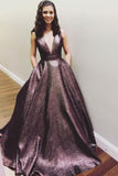V Neck A Line Chocolate Long Prom Dress Ball Gown With Pockets HZ0509