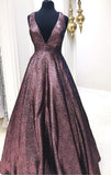V Neck A Line Chocolate Long Prom Dress Ball Gown With Pockets HZ0509