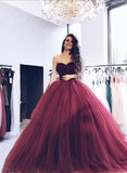 Burgundy Strapless Ball Gown Long Evening Prom Dresses HZ0509