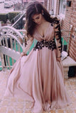 Beauty Long Sleeves V-neck Open Back Long Prom Dresses HZ0509
