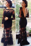Sexy Black Long Sleeves Lace Backless See Through Prom Dresses HZ0509