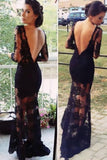 Sexy Black Long Sleeves Lace Backless See Through Prom Dresses HZ0509