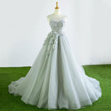 Tulle Court Train Formal Long Prom Dress With Flowers HZ0509