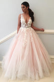 Lace Applique Pale Pink Ball Gown Long V Neck Tulle Evening Prom Dresses HZ0509