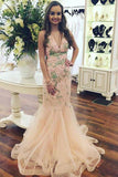 V Neck Tulle Lace Long Prom Dresses,Mermaid Evening Dress HZ0509