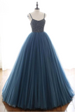 Ball Gown Blue Tulle Spaghetti Straps Prom Dress Evening Dress With Beading HZ0509