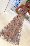 Floral Embroidery Long A Line Prom Dress Evening Dress HZ0509