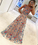 Floral Embroidery Long A Line Prom Dress Evening Dress HZ0509