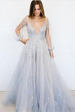 A-Line Deep V-Neck Puffy Long Sleeves Tulle Prom Dress with Beading HZ0509
