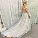 A-Line Deep V-Neck Puffy Long Sleeves Tulle Prom Dress with Beading HZ0509
