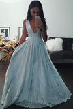 Light Blue A-line V Neck Long Prom Dresses With Lace Appliques HZ0509