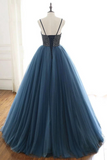 Ball Gown Blue Tulle Spaghetti Straps Prom Dress Evening Dress With Beading HZ0509