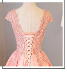 Pink A Line Cap Sleeves Appliques Beaded Long Prom Dresses HZ0509