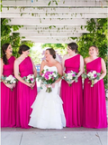 One-Shoulder Floor-Length Fuchsia Chiffon Bridesmaid Dresses HZ0509