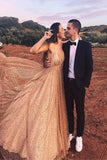 Sequin Long Prom Dress Spaghetti V Neck Backless Evening Dress HZ0509