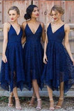 Blue/Pink Deep V-neck Spaghetti Straps Sleeveless Asymmetry Lace A-line Bridesmaid Dress HZ0509