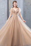 A Line Short Sleeves Tulle Beading Long Prom Dress Evening Dress HZ0509
