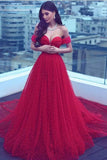 A-Line Off-the-Shoulder Court Train Red Tulle Prom Dress HZ0509
