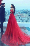 A-Line Off-the-Shoulder Court Train Red Tulle Prom Dress HZ0509