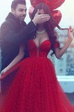 A-Line Off-the-Shoulder Court Train Red Tulle Prom Dress HZ0509