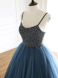 Ball Gown Blue Tulle Spaghetti Straps Prom Dress Evening Dress With Beading HZ0509