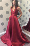 Burgundy Satin V-neck Long Prom Dress With Pocket HZ0509