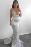 Silver Mermaid Sequined Deep V Neck Backless Prom dresses,Evening Gowns HZ0509
