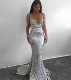 Silver Mermaid Sequined Deep V Neck Backless Prom dresses,Evening Gowns HZ0509