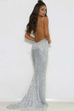 Silver Mermaid Sequined Deep V Neck Backless Prom dresses,Evening Gowns HZ0509