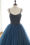 Ball Gown Blue Tulle Spaghetti Straps Prom Dress Evening Dress With Beading HZ0509